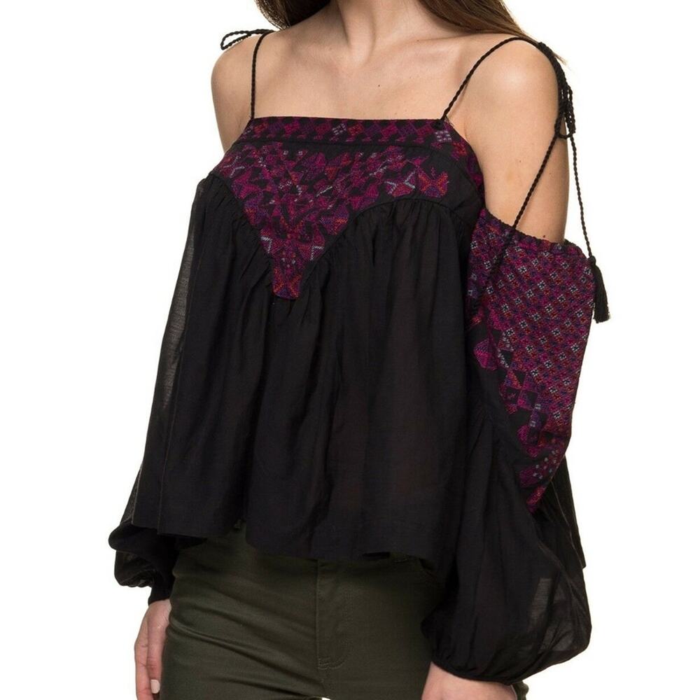 Free People Black Embroidered Vacation Off The Shoulder Tassel Blouse Size XS